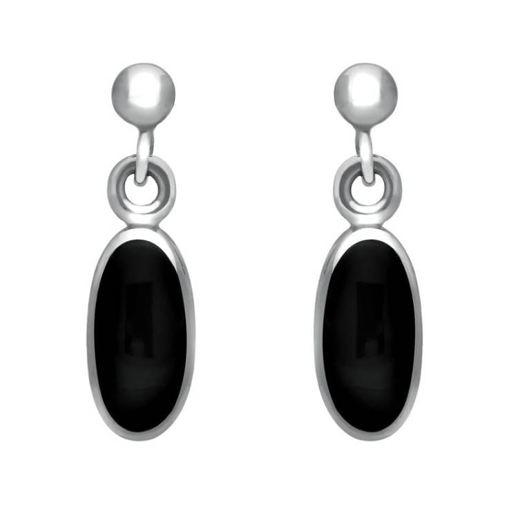 Sterling Silver Whitby Jet Small Long Oval Drop Earrings