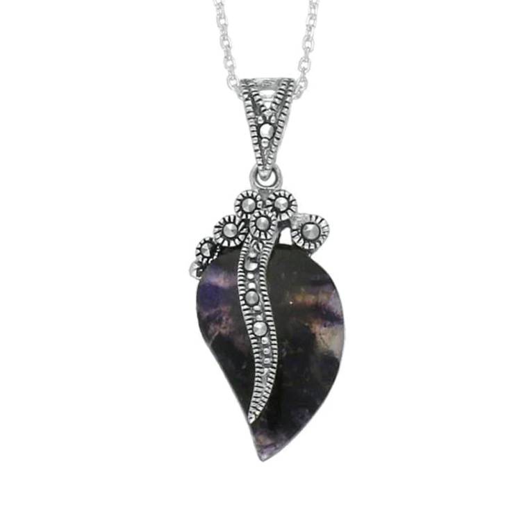 Sterling Silver Blue John and Marcasite Wave Bail Pear Necklace - Silver