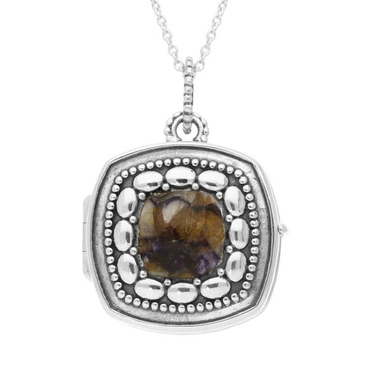 Sterling Silver Blue John Cushion Shaped Beaded Edge Locket - Silver
