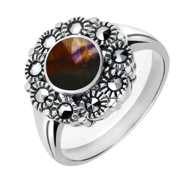 Sterling Silver Blue John Marcasite Round Centre Beaded Edge Ring - Silver