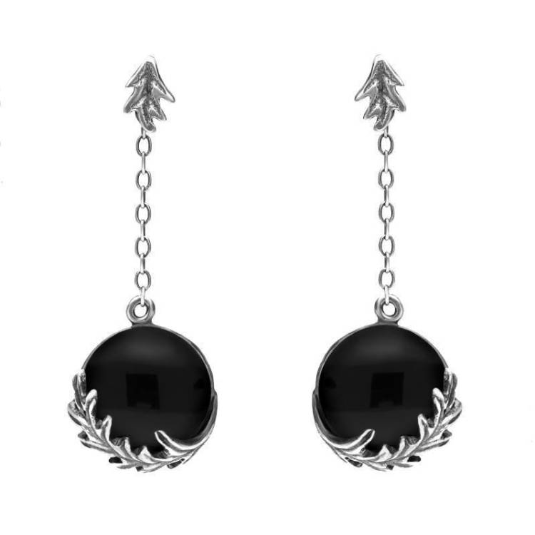 Sterling Silver Whitby Jet Acanthus Leaf Round Chain Drop Earrings - Silver