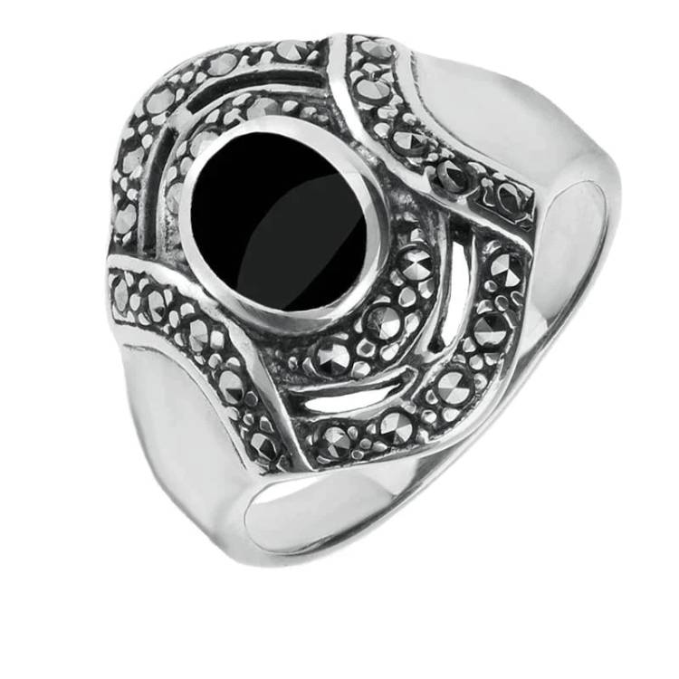 Sterling Silver Whitby Jet Marcasite Oval Stone Framed Shaped Ring