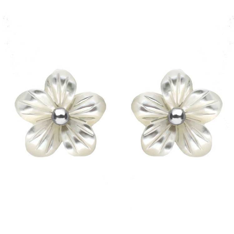 Sterling Silver White Mother of Pearl Large Tuberose 10mm Pansy Stud Earrings - Silver