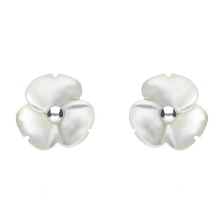 Sterling Silver White Mother of Pearl Tuberose 8mm Clover Stud Earrings - Silver