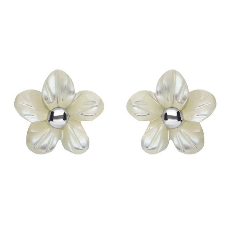 Sterling Silver White Mother of Pearl Tuberose 8mm Pansy Stud Earrings - Silver