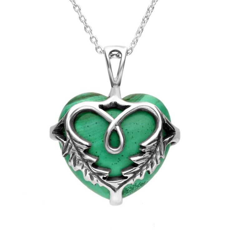 Sterling Silver Malachite Medium Acanthus Heart Necklace - Silver