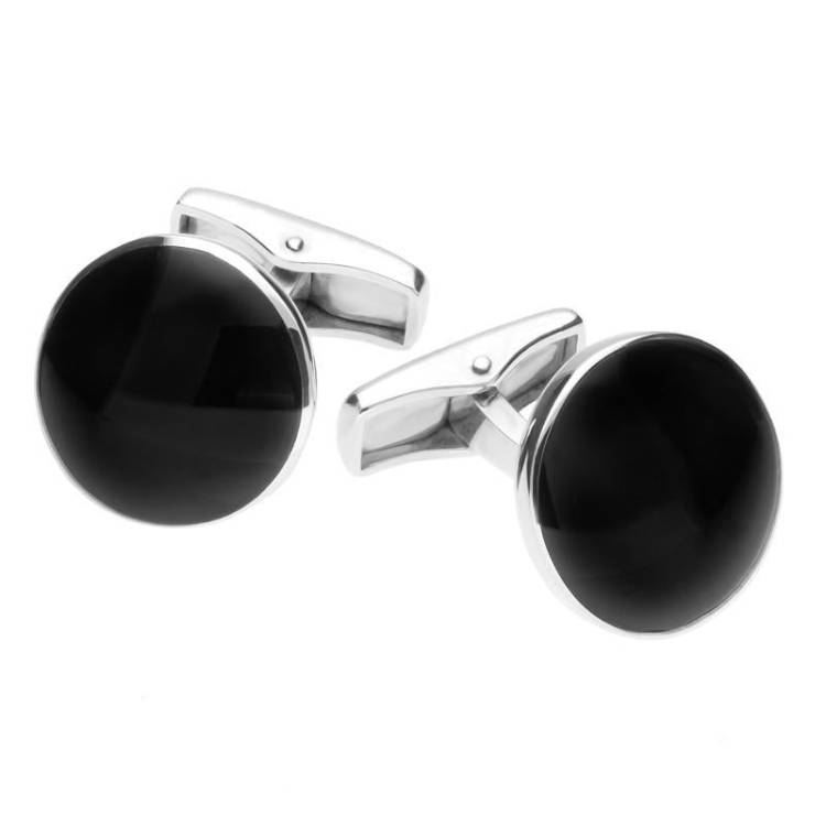 Sterling Silver Whitby Jet Round Cufflinks