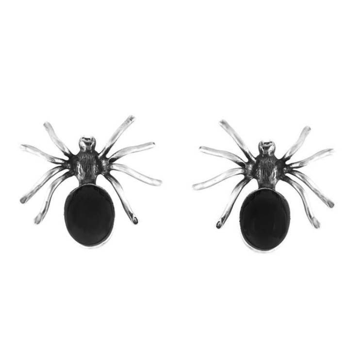 Sterling Silver Whitby Jet Spider Large Stud Earrings - Silver