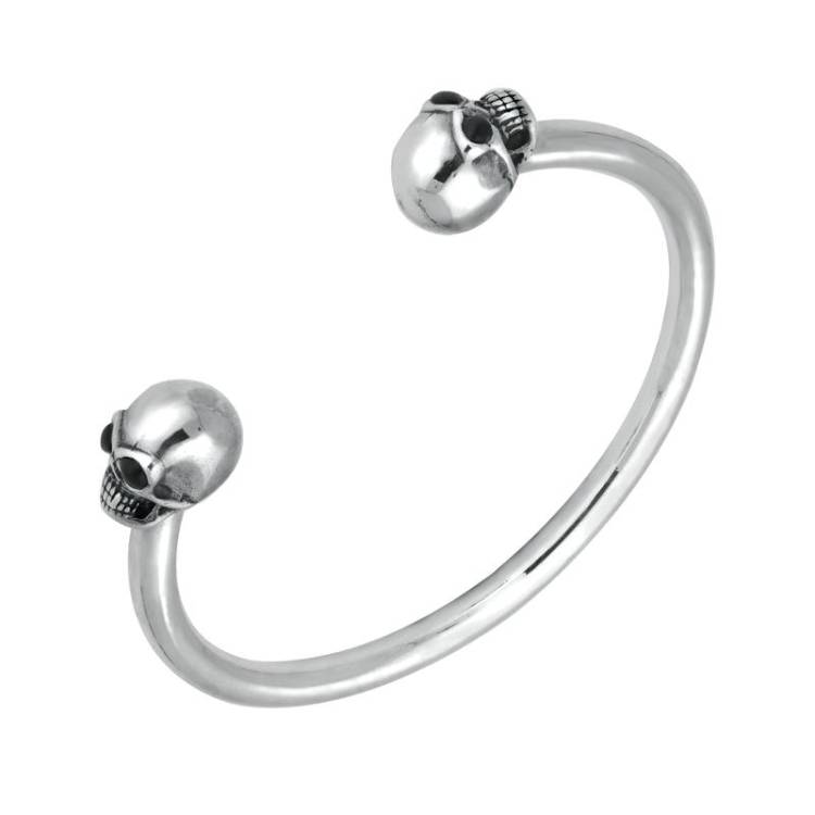Sterling Silver Whitby Jet Gothic Skull Torc Bangle - Large