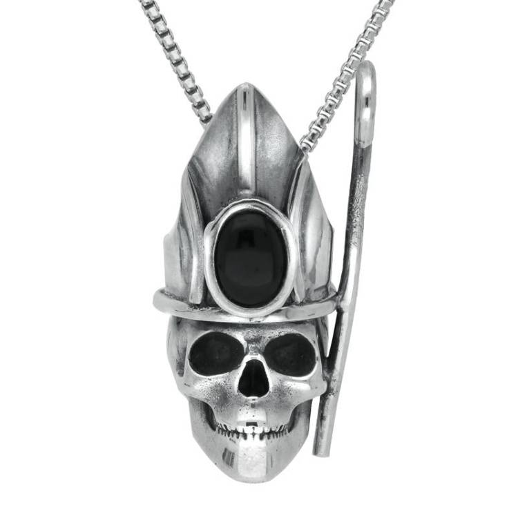 Sterling Silver Whitby Jet Skull With Crown and Shepherds Crook Necklace