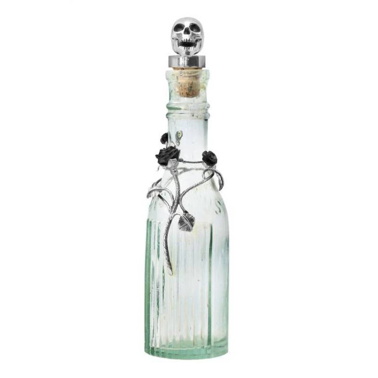 Sterling Silver Whitby Jet Skull Roses Glass Bottle