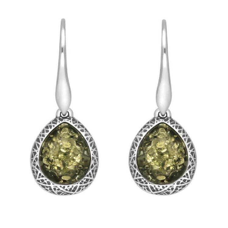 Sterling Silver Green Amber Basket Weave Edge Pear Hook Earrings