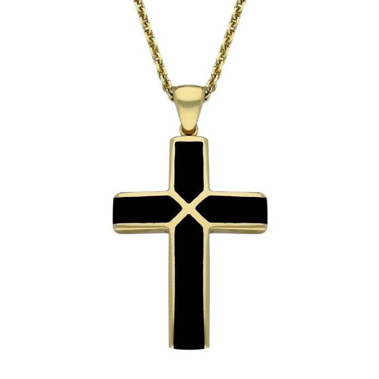 9ct Yellow Gold Whitby Jet Four Stone Cross Necklace - Option1 Value Yellow Gold