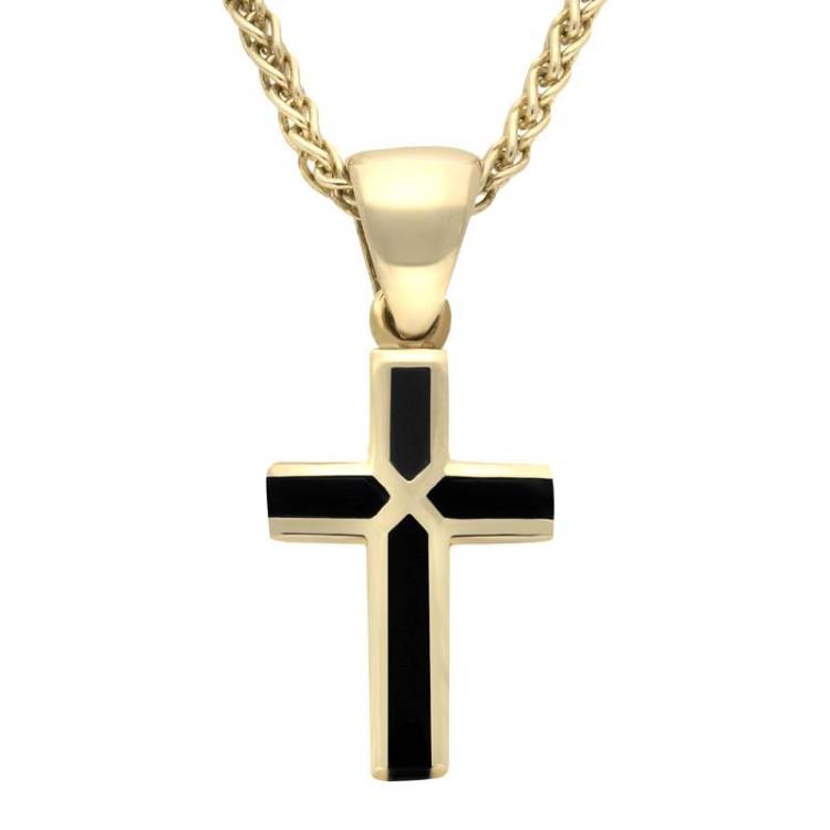 9ct Yellow Gold Whitby Jet Cross Necklace - Option1 Value Yellow Gold