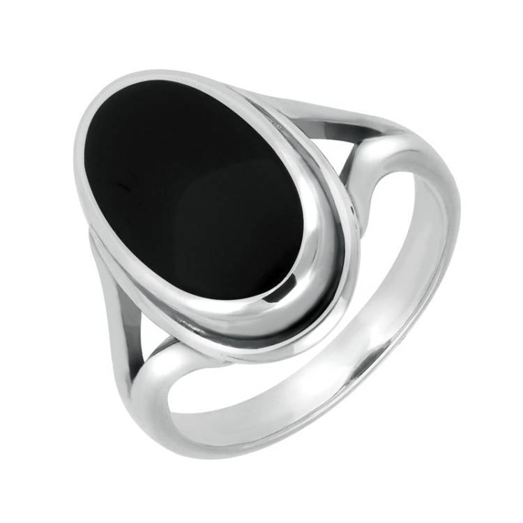 Sterling Silver Whitby Jet Oval Ridged Ring - Silver