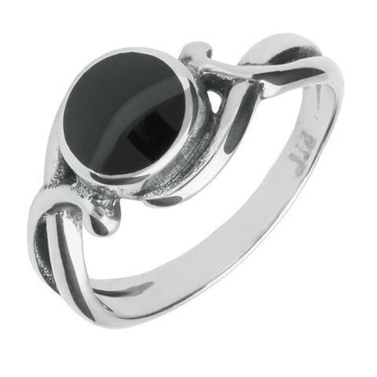 Sterling Silver Whitby Jet Round Scroll Ring - Option1 Value Silver