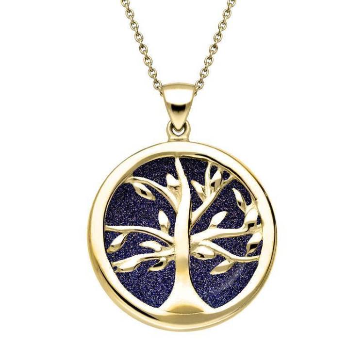 9ct Yellow Gold Blue Goldstone Medium Round Tree of Life Necklace