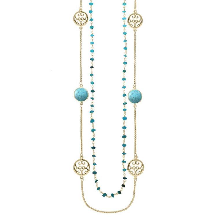 Yellow Gold Turquoise Flore Filigree Double Row Necklace