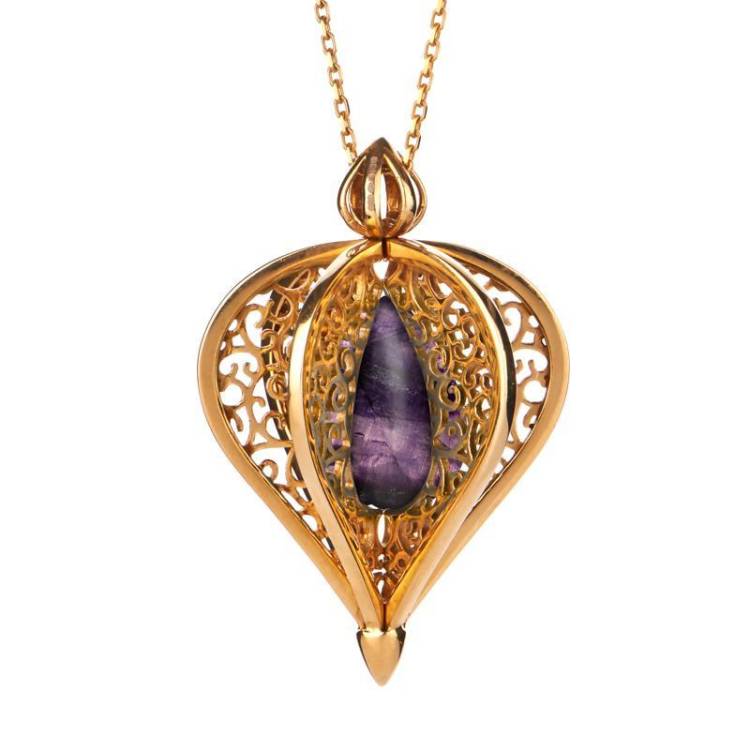Yellow Gold Plated Sterling Silver Blue John Flore Filigree Droplet Necklace