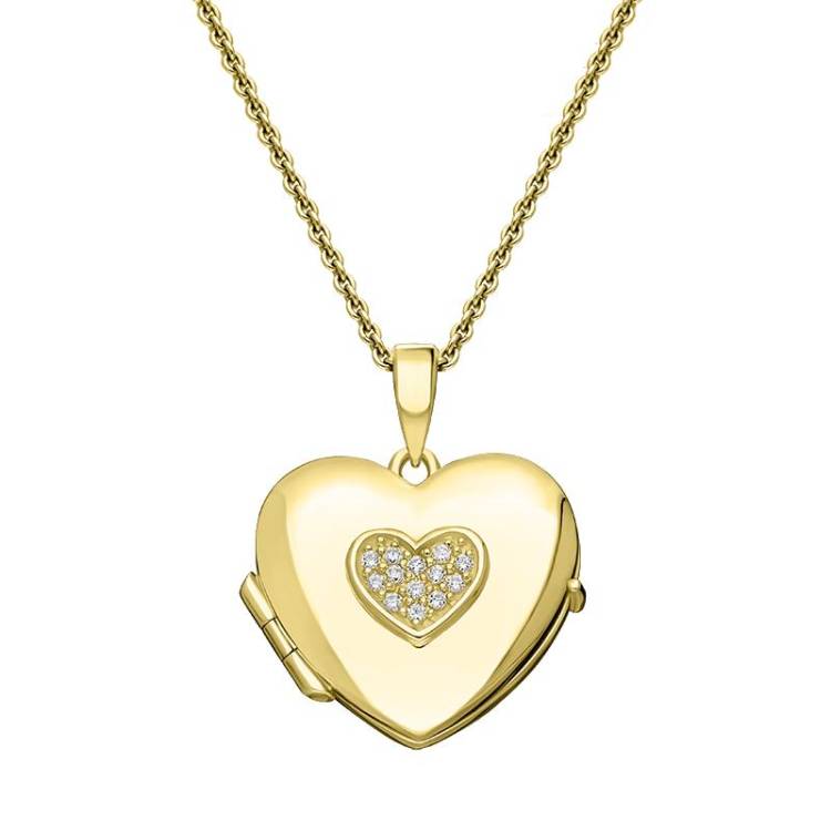 Yellow Gold Plated Sterling Silver Cubic Zirconia Heart Keepsake Locket - Gold