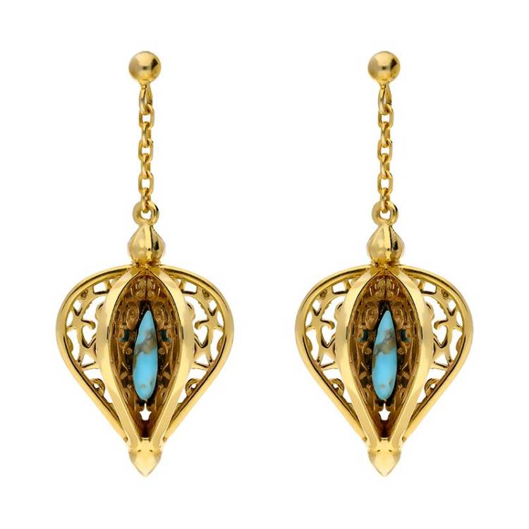 Yellow Gold Plated Sterling Silver Turquoise Flore Filigree Drop Earrings