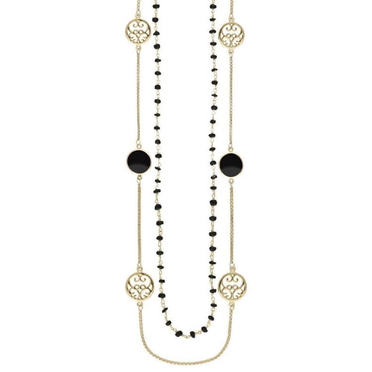 Yellow Gold Whitby Jet Flore Filigree Double Row Necklace