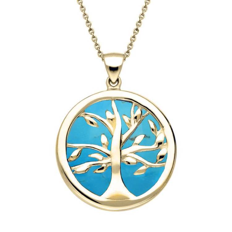 9ct Yellow Gold Turquoise Medium Round Tree of Life Necklace