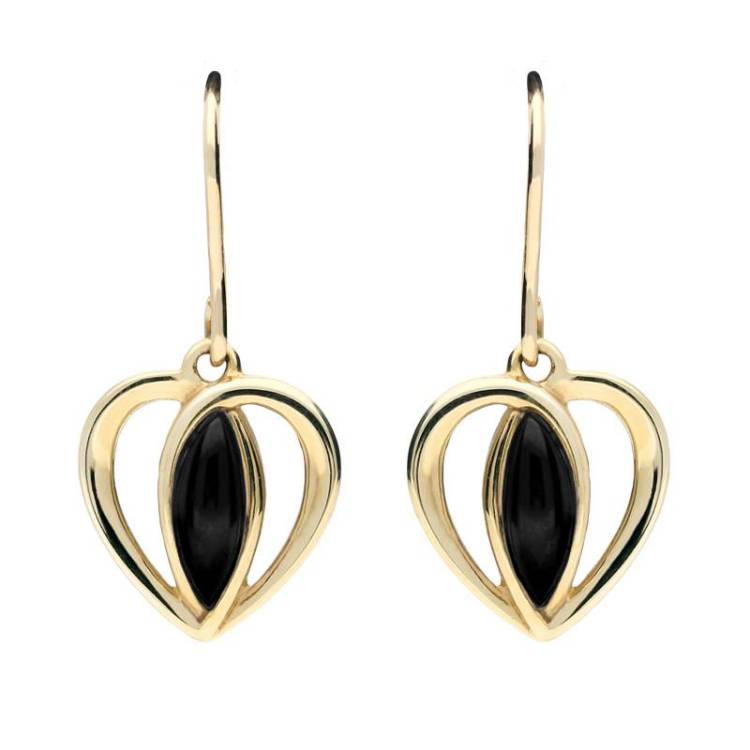 9ct Yellow Gold Whitby Jet Heart Drop Earrings - Yellow Gold