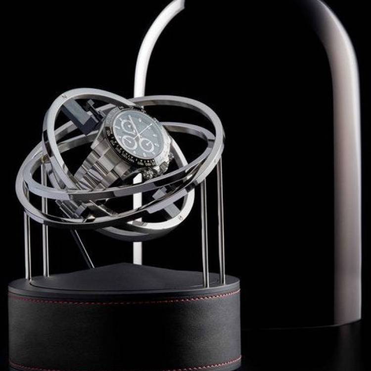 Bernard Favre Watch Winder Planet Double Axis Black Leather Base Red Stitch