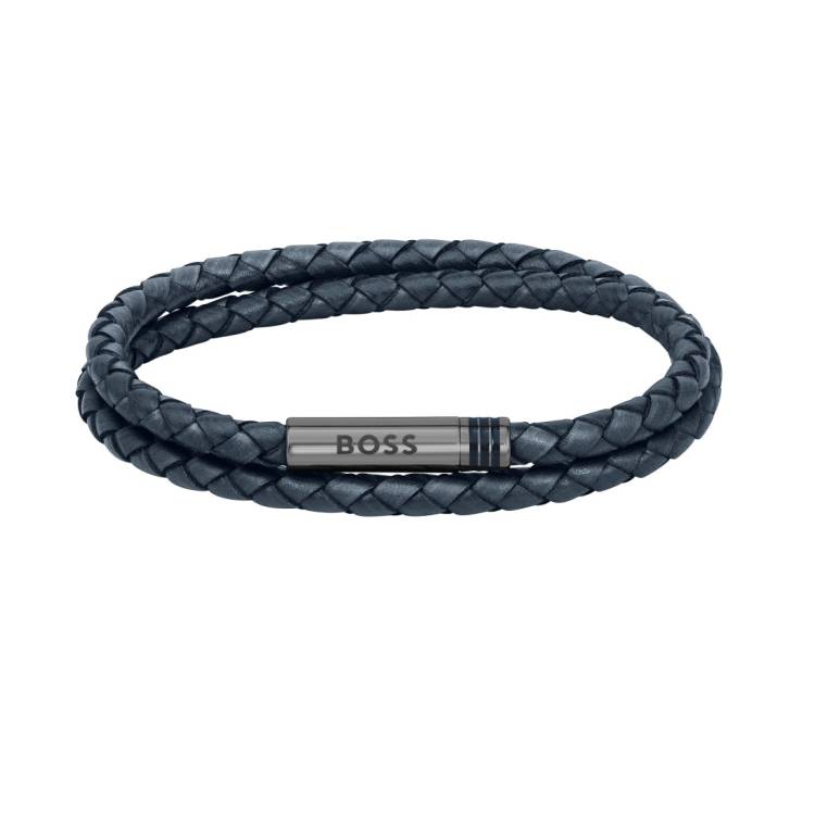 Boss Ares Navy Blue Leather Double Wrap Bracelet with Magnetic Closure - M