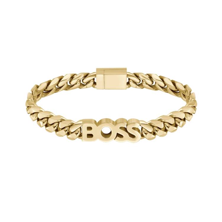 Boss Kassy Yellow Gold Tone IP Stainless Steel Chain Logo Bracelet - S