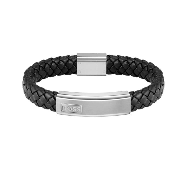 Boss Lander Mens Braided Black Leather Bracelet