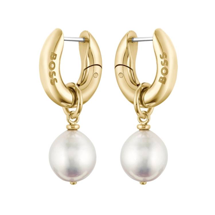 Boss Leah Yellow Gold Tone IP Freshwater Pearl Hoop Earrings