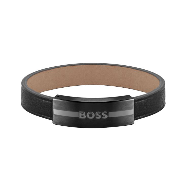 Boss Luke Black Leather Bracelet with Black IP Closure - M