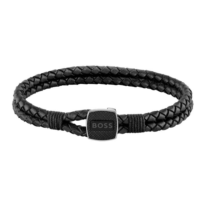 Boss Seal Mens Black Leather Bracelet