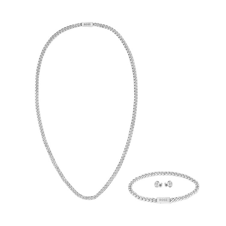 Boss Stainless Steel Mens Chain For Him Necklace Bracelet Earring Set