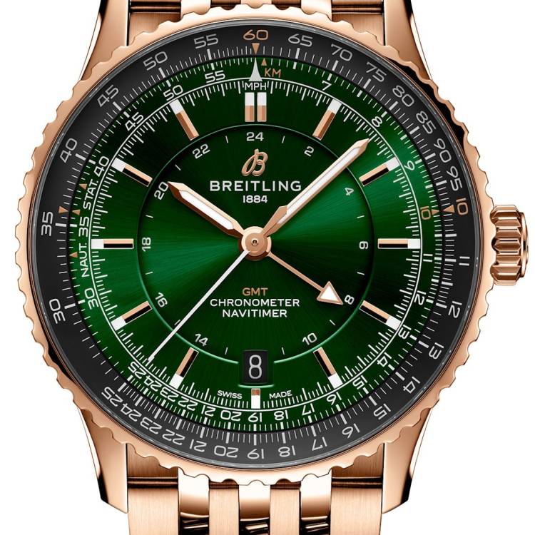Breitling Watch Navitimer Automatic GMT 41 Green 18k Red Gold Bracelet