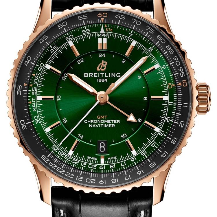 Breitling Watch Navitimer Automatic GMT 41 Green 18k Red Gold Leather