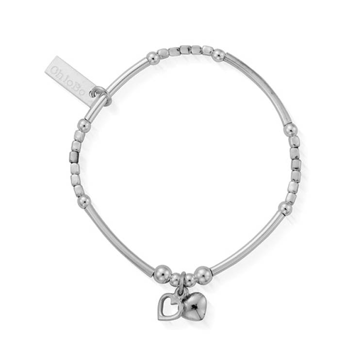 ChloBo Sterling Silver Children's Mini Noodle Cube Double Heart Charm Bracelet - Silver