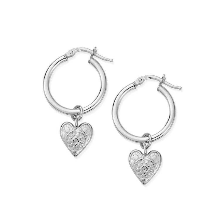 ChloBo Sterling Silver Decorated Heart Hoop Earrings - Sterling Silver