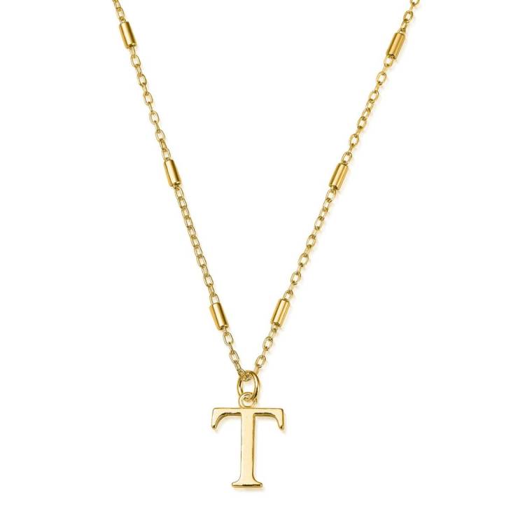 ChloBo Sterling Silver Gold Plated Initial Necklace T - Gold