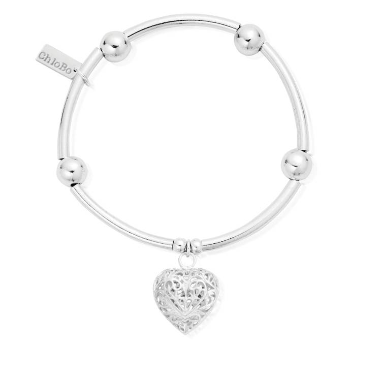 ChloBo Sterling Silver Noodle Ball Filigree Heart Bracelet - Silver
