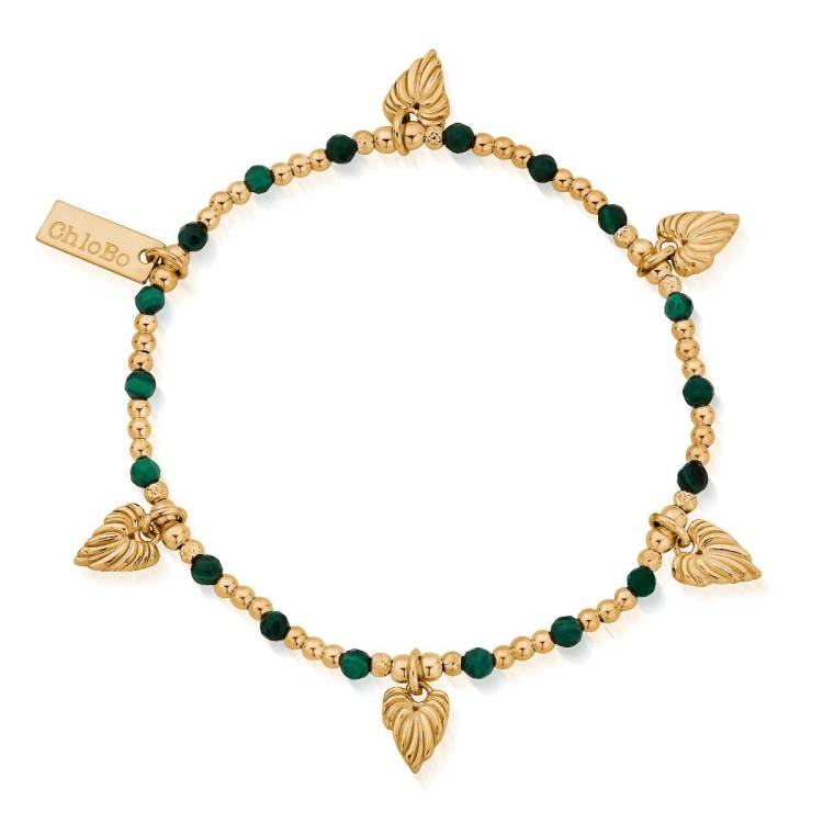 ChloBo Wandering Free Gold Plated Sterling Silver Leaf Heart Malachite Bracelet - Gold