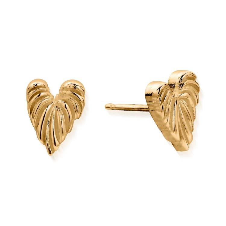 ChloBo Wandering Free Gold Plated Sterling Silver Leaf Heart Stud Earrings - Gold