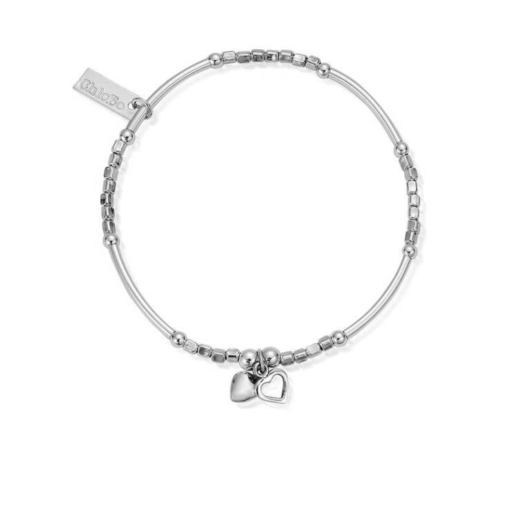 ChloBo Sterling Silver Mini Noodle Cube Double Hearts Bracelet - Sterling Silver