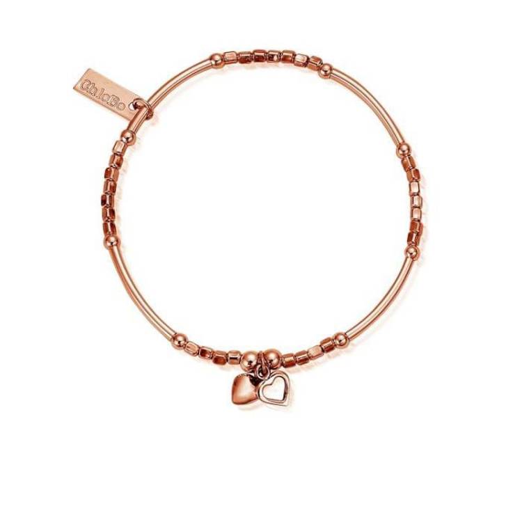 ChloBo Sterling Silver Rose Gold Plated Mini Noodle Cube Double Hearts Bracelet - Rose Gold PVD