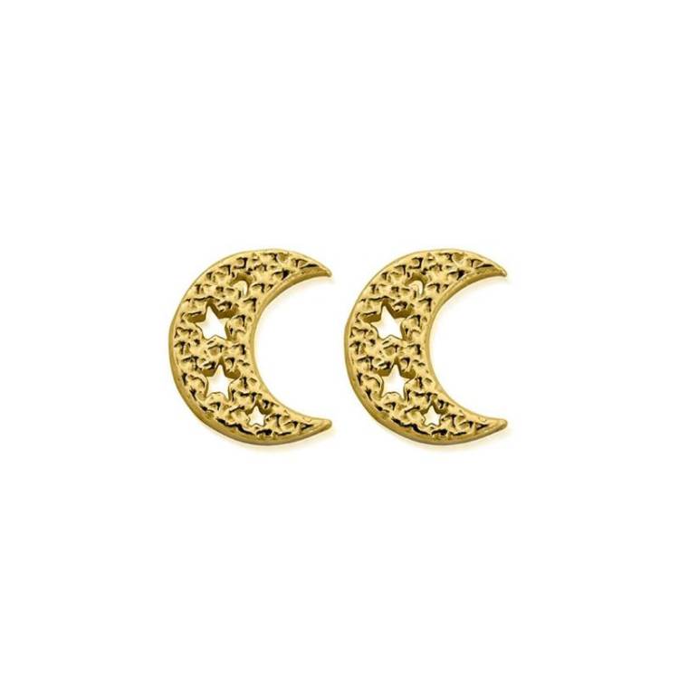ChloBo Sterling Silver Gold Plated Starry Moon Stud Earrings - Yellow Gold PVD