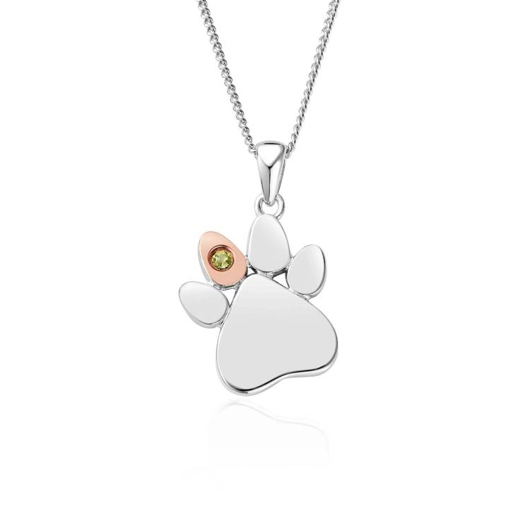 Clogau Paw Prints On My Heart Sterling Silver August Birthstone Peridot Necklace