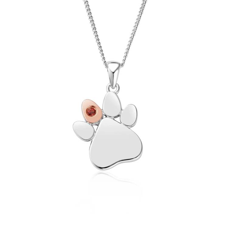Clogau Paw Prints On My Heart Sterling Silver January Birthstone Garnet Necklace