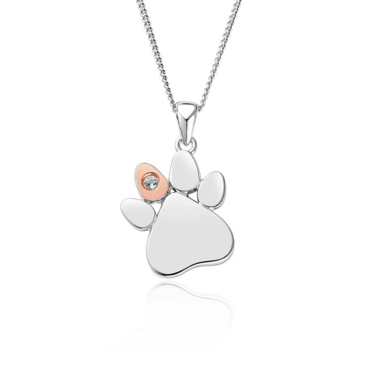 Clogau Paw Prints On My Heart Sterling Silver March Birthstone Aquamarine Necklace